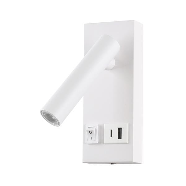 ΑΠΛΙΚΑ ΚΡΕΒΑΤΙΟΥ ΑΝΑΓΝΩΣΗΣ ΑΣΠΡΗ ΜΕ USB -TYPE C 2W 3000K 150X60X145mm Αλουμίνιο Π0.06*Υ0.15
