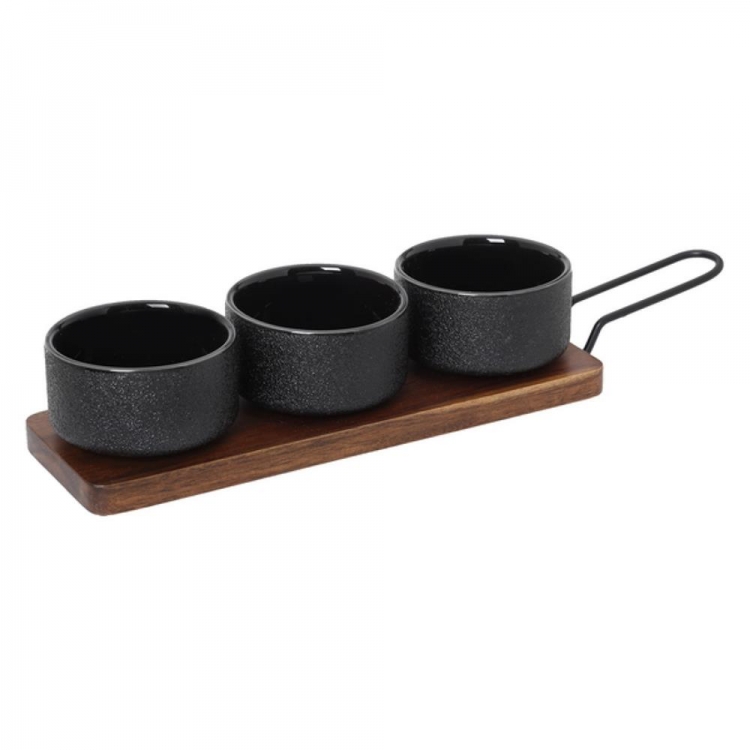 ACACIA ΣΕΤ ΜΠΟΛ STONEWARE 3 ΤΕΜΑΧΙΩΝ ΣΕ ΞΥΛΙΝΗ ΒΑΣΗ ΜΕ ΜΕΤΑΛΛΙΚΗ ΛΑΒΗ Stoneware Μ0.28Π0.10Υ0.06